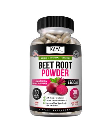 Kaya Naturals Premium Organic Beet Root Powder | Beet Root Extract Athletic Performance Aids Healthy Circulation & Nitric Oxide Booster Non-GMO & Gluten-Free 1300mg Per Serving - 60 Veggie Capsules 180 Count (Pack of 1)