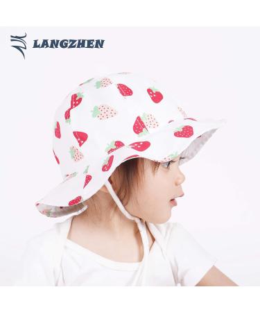 LANGZHEN Baby Girls Sun Protection Hat with Chin Strap | Adjustable Toddler Kids Wide Brim Play Hat | White -Strawberry 6-12 Months - Buy Online on GoSupps.com