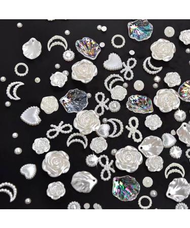 Pearls Nail Charms 200PCS Mixed Styles Rose Flower Moon Heart Bow Bowknot Nail Art Pearls and Gems 3D Resin Nail Charms Rhinestones for Nail Art Decorations Jewelry Accessories DIY Crafts D White Flower