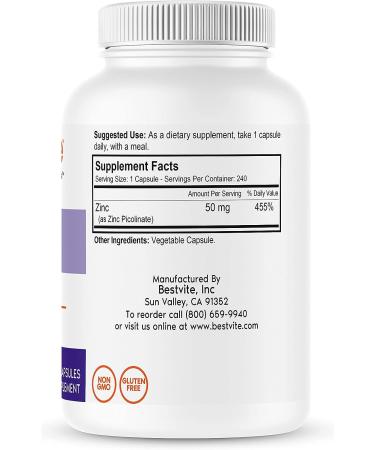 Bestvite Zinc Picolinate 50mg (240 Vegan Capsules) - Non GMO, Gluten Free - No Stearates - Buy Online on GoSupps.com
