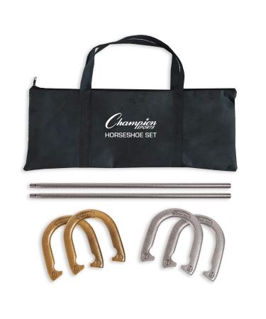 Champion Sports Horseshoe Set: Traditional Outdoor Lawn Game includes Four Professional Solid Steel Horseshoes with Solid Steel Stakes & Carrying Storage Case Deluxe Set