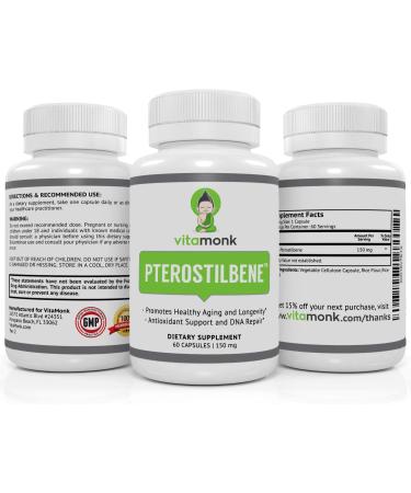 Pterostilbene 150mg Capsules by VitaMonk | 60 Veggie-Caps | Soy Free Trans-Pterostilbene Supplement for Healthy Aging & Longevity | No Fillers | Resveratrol Enhanced - Buy Online on GoSupps.com