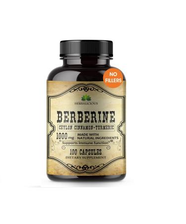 HERBALICIOUS Berberine Capsules Ceylon Cinnamon & Turmeric - Berberine HCL Dietary Supplement for Men and Women  Non GMO Berberine 1000mg  Ideal for Immune Support Heart Cholesterol Level Berberine Complex