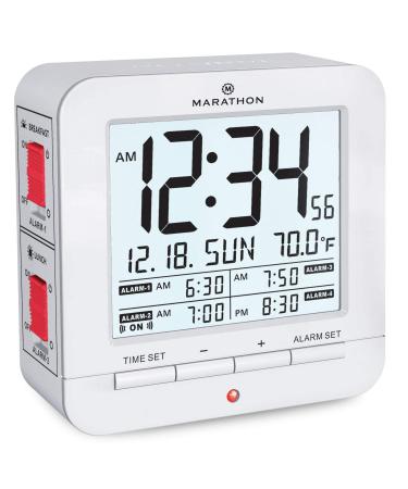 Marathon Digital Medication Reminder Alarm Clock with 4 Alarms and Auto Backlight - Large Time, Date and Temperature Display - Batteries Included - CL030075WH (White)