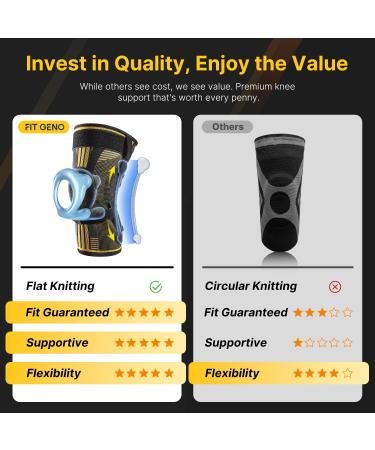 Fit Geno Knee Brace with Side Stabilizers | Breathable Knee Sleeve & Patella Gel Pad for Pain Relief | Ultimate Support for Meniscus Tear Arthritis ACL & PCL - Medium Black-Gold - Buy Online on GoSupps.com