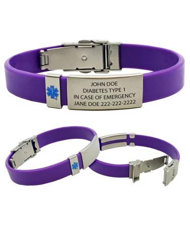 Emergency Medical Alert Bracelet with Star of Life Badge and Medical Alert Wallet Card Included. Customize with Medical Information Purple