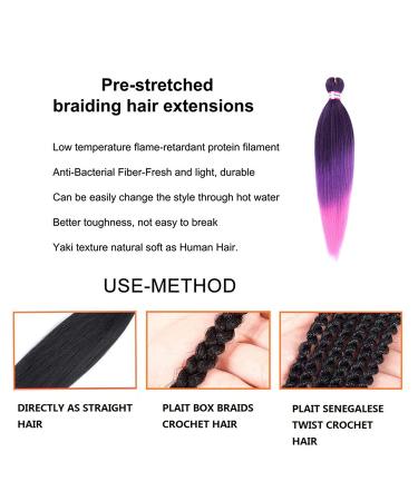 20 Inch Ombre Pre-Stretched Braiding Hair - 8 Packs - #1BPurplePink - Easy Twist & Crochet | Soft Yaki Texture - Buy Online on GoSupps.com