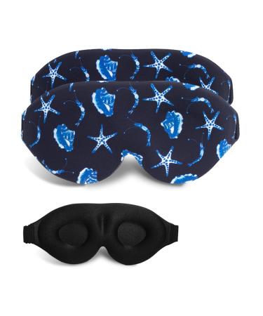 Sleep Mask 2 Pack Sleep Masks for Men Women 3D Contour Cup Sleeping Mask with Adjustable Headband Block Out Light Soft and Comfortable Travel Yoga Blindfold (Ocean Stars)