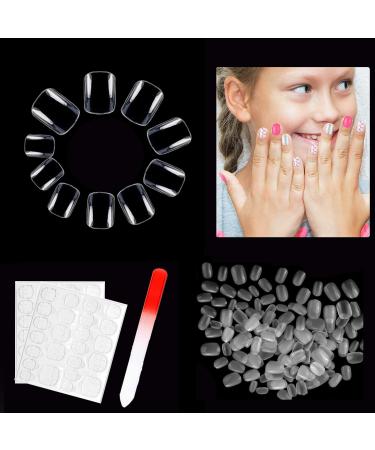 600 PCS Short Clear False Nails for Little Girls  Natural Acrylic Fake Nail Tips for kids  Children Full Cover Press on Nails with Nail File and Nail Adhesive Tabs (10 Size)