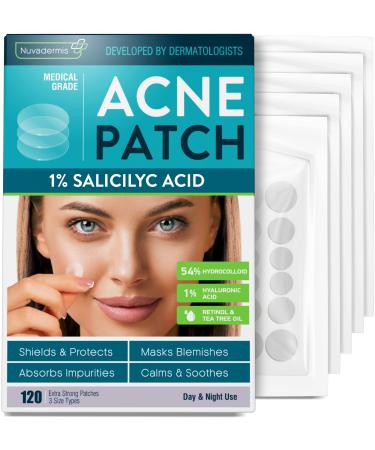 Acne Pimple Patches - Dark Spot, Blemish, Zit Treatment - 54% Hydrocolloid Dot Stickers - 120 Patch Pack for Clean Skin - Hyaluronic Salicylic Acid, Tea Tree Oil, Vitamin A - Face Cystic Pore Covers 120 Count (Pack of 1)