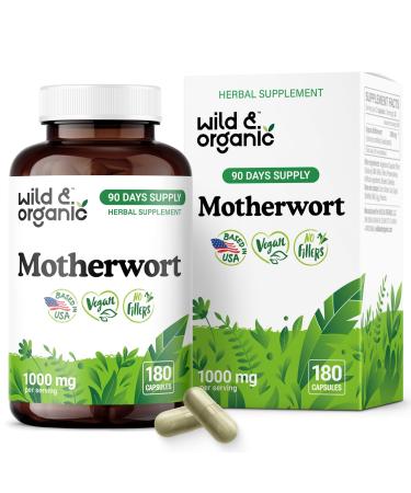 Wild & Organic Motherwort Capsules 1000 mg - Calmness & Women's Support - Natural Motherwort Supplement - 90 Days of Supply - 180 Vegan Herb Capsules - Non-GMO Gluten-Free No Additives 180 Count (Pack of 1)