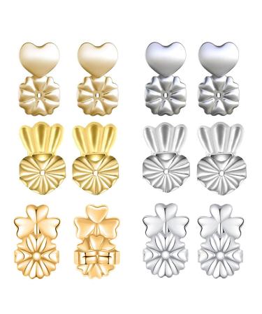 6 PairsEarring Lifters, Adjustable Hypoallergenic Earring Secure Backs, 18K Gold Plated, Sterling Silver, Heart-Shaped, Crown & Clover Style