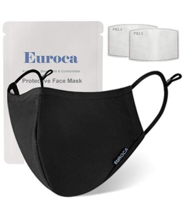 Euroca Face Masks 3 Layer Reusable Washable Adjustable Made from Cotton Fabric for Adults - 2 Filters Included Black