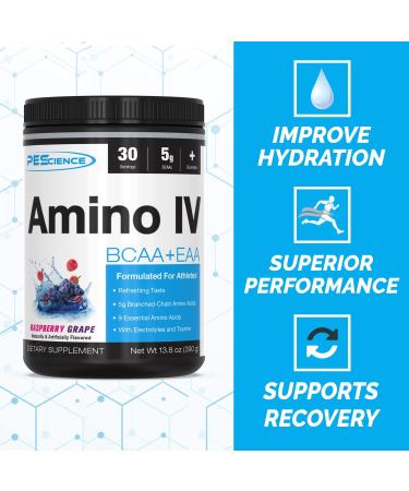 PEScience Amino IV Raspberry Grape 60 Scoop BCAA & EAA Powder with Electrolytes - Buy Online on GoSupps.com