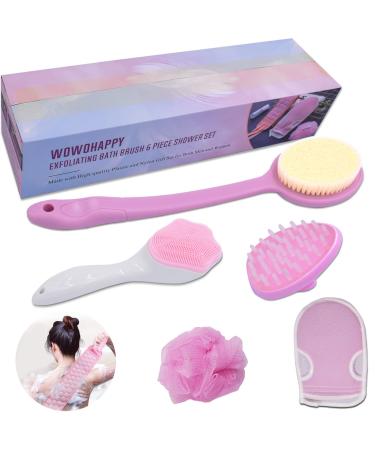 WOWOHAPPY ExFoliating Bath Brush 6 Piece Shower Set Brush Body Scrubber Facial Brush Shower Set Made with High-Quality Plastic and Nylon Gift Set for Both Men and Women (Pink)
