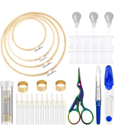 53 Pieces Cross Stitch Tool Embroidery Starter Kit  Includes Bamboo Circle Cross Stitch Hoop Ring  Vintage Sewing Scissors  Needle-Threading Tools  Thimbles  Floss Bobbins  Seam Ripper and Embroidery