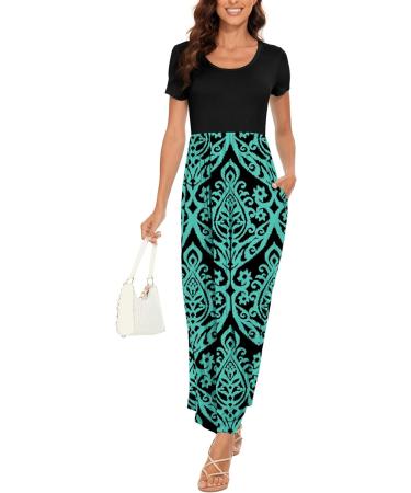 YUNDAI Women's Short Sleeve Maxi Maternity Dress with Pocket - Plus Size Floral Loose Long Dress - Blue/Green XXL - Buy Online on GoSupps.com