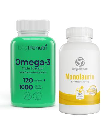 Omega 3 Fish Oil 1000mg & Monolaurin 1500mg Bundle High EPA & DHA Immune & Digestive Support 120 Softgels + 200 Veg Capsules 4-Month Supply Non-GMO GMP Certified Made in USA