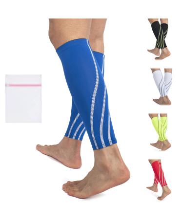 360 RELIEF Compression Calf Sleeves - for Men and Women Sports | Shin Splints Torn Muscle Cramps Workout Circulation Running Hiking Marathon | M L XL with Mesh Laundry Bag | Blue L-Single