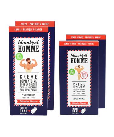 Blond pil Homme - Lot de 4 - Creme depilatoire Corps x2 & Creme depilatoire homme intime x2 Peaux sensibles Made in France