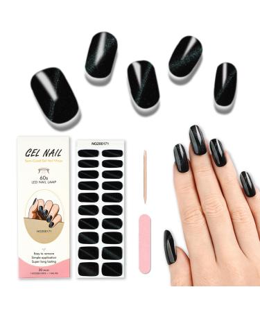 Semi Cured Gel Nail Strips 20 Pcs Gel Nail Polish Wraps Sticker for Salon-Quality Manicure Set Long Lasting Easy to Apply & Remove with Nail File & Wooden Cuticle Stick(Cat Eye Black)