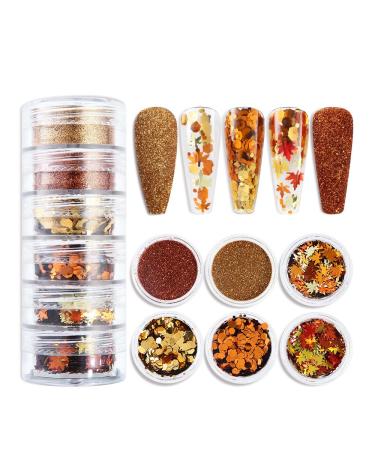 Fall Nail Art Glitters Thanksgiving Maple Leaf Nail Sequins Set of 6 Boxes Autumn Leaves Nail Art Decoration Accessories Golden Fall Leaf Nail Decals Fall Nail Glitters for Women Manicure DIY style 3
