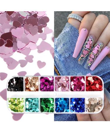 Shop Gzmayuen Heart Glitter Sequins for Valentine's Day Nail Art | 12 Colors 3D Sparkle Heart Shape Flakes & Stickers - Perfect for Nail Decoration - Buy Online on GoSupps.com