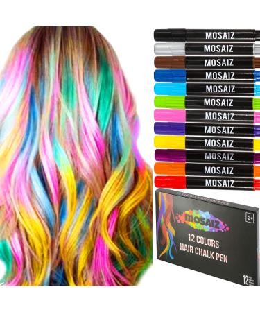 Mosaiz Hair Chalk for Girls and Boys, 12 Pcs Chalk Pens with Black and Brown Colors, Washable Temporary Hair Color for Kids, Teens and Adults, Birthday Gift, St Patricks Day Gifts for Girls and Boys 12 Colors