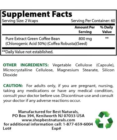 Best Naturals Green Coffee Bean Extract 800mg - 120 Vcaps - 100% Pure & Natural - Buy Online on GoSupps.com