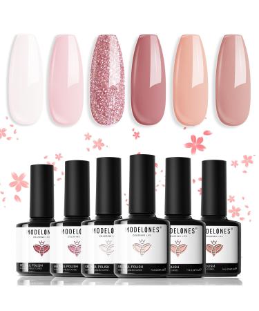 Modelones Gel Nail Polish 6 Colors Nude Pink Summer Glitter Neutral Gel Polish Peaches All Seasons Skin Tones Soak Off Manicure Nail Art Design Salon Starter Kit Home Holiday Gifts for Women Girl Light Pink