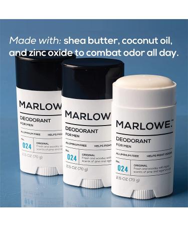 MARLOWE. No. 024 Natural Deodorant for Men 3-Pack | Aluminum Free Stick | Made with Coconut Oil Shea Butter Jojoba | Only No-Nonsense Ingredients that Work Best | Fresh & Woodsy Scent Original 3pack - Buy Online on GoSupps.com