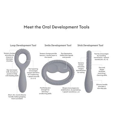 ezpz Oral Development Tools 3 Pack in Gray - Non-Slip Loop Smile and Stick 100% Silicone - Encourages Speech Sound - Sensory Bumps - Dishwasher Safe - Ages 3 Months - Buy Online on GoSupps.com