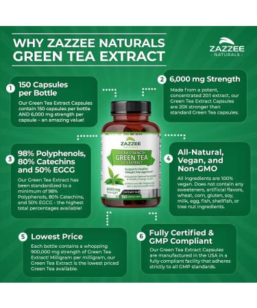 Zazzee Extra Strength Green Tea Extract 6000mg - 150 Vegan Capsules - 50% EGCG - 98% Polyphenols - 80% Catechins - Potent 20x Extract - Up to 5 Month Supply - All-Natural & Vegan - Buy Online on GoSupps.com