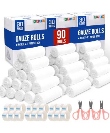 90 Pack Gauze Rolls Bandages 4 in x 4.1 Yards Premium Medical Supplies & First Aid Supplies Bandage Wrap Vet Wrap (3 Boxes x 30 Rolls) A-90