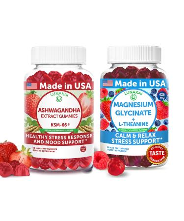 Lunakai USA Made Ashwagandha KSM-66 & Magnesium Glycinate Gummies Bundle Daily Mood & Stress Support 60 Non-GMO Gummies Each