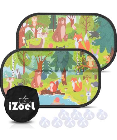 iZoeL Car Sun Shade for Baby Kids 2pcs Self-adhesive Side Window Car Annima 80GSM Rear Sunshades Universal with 8 Suction Cups and Storage Bag - Sun Glare and UV Rays Protection Green Animal