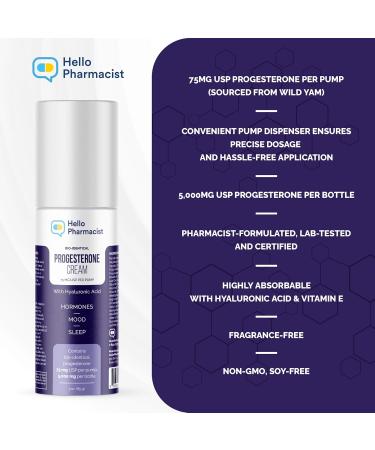 Bio-Identical Progesterone Cream 5 000mg - Max Strength 75mg USP per Pump - Hyaluronic Acid & Moisturizers - Trusted Topical Hormone Brand - HelloPharmacist - Buy Online on GoSupps.com
