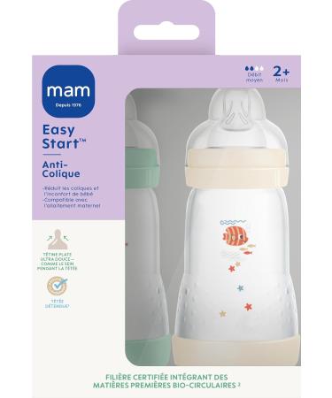 MAM - Pack of 2 Easy Start Anti-Colic bottles 2+ months medium flow (2 x 260 ml) Mint + Cotton - Bottle to reduce colic - Buy Online on GoSupps.com