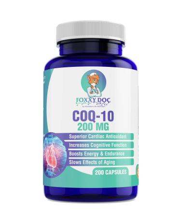 CoQ10 - Co-Enzyme Q10 - 200 mg - Excellent Price - 200 Caps - Non-GMO - Brain Heart & Muscle & Cell Supplement 6.5 Month Supply by Foxxy Doc