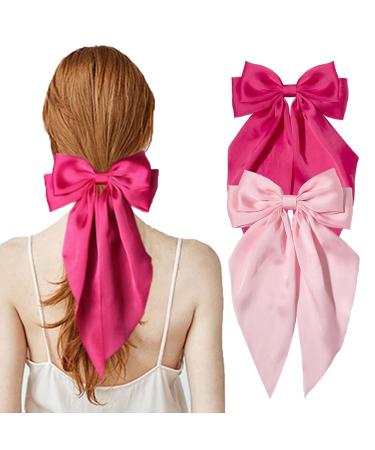 2Pcs Big Hair bow Hair Bows for Women Bow Hair Clip Elegant Solid Color French Barrette Bows For Hair With Long Silky Satin Hair Barrettes Accessories Bow Hair Clips for Women Girls(Pink+ Hot-pink) - Buy Online on GoSupps.com