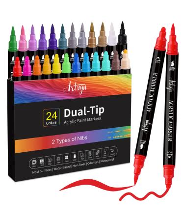 24 Colors Acrylic Paint Pens  Dual Tip Pens With Medium Tip and Brush Tip  Paint Markers for Rock Painting  Ceramic  Wood  Plastic  Calligraphy  Scrapbooking  Brush Lettering  Card Making  DIY Crafts