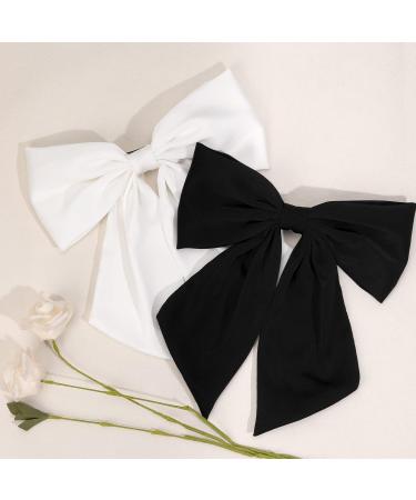 2Pcs Big Satin Hair Bows for Women Girls | 10 Inch Barrette Hair Clip | Black White Silk Ribbon Wedding Bows | French Style Hair Accessories - Buy Online on GoSupps.com