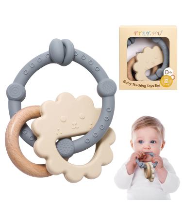 TYRY.HU Baby Teething Toys for Babies 0-6 Months Baby Teether Toys 6-12 Months Silicone Teething Ring & Wood Teether for Infants Soft-Textured Easy to Hold & Clean Baby Gift Boys Girls Stone Grey