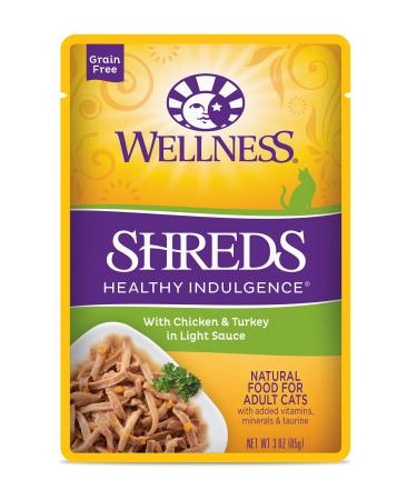 Wellness Healthy Indulgence Shreds Grain Free Wet Cat Food Pouches, Shredded Protein in Light Gravy Sauce, Natural, Adult, Added Vitamins, Minerals, and Taurine, 3 Ounce Pouch (Pack of 24) Chicken & Turkey