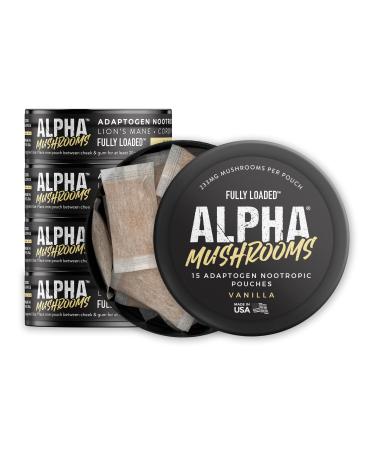 Fully Loaded Alpha Mushroom Pouches - Adaptogen Nootropic Pouches (5-Pack Vanilla) - Lion's Mane Cordyceps & Chaga - 5 cans 15 Pouches per can - Functional Mushrooms - Made in The USA Vanilla 0.42 Ounce (Pack of 5)