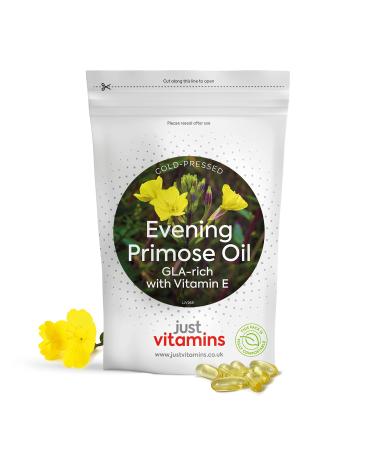 Evening Primrose Oil 1000mg x90 Soft Gel Liquid Capsules with Vitamin E (3 Month Supply) Omega 6 Cold Pressed High Strength GLA - UK Made Evening Primrose Oil Supplement Made in UK by Just Vitamins