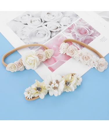 3Pcs Floral Baby Girl Nylon Headbands - Newborn Toddler Elastic Hair Bands with Bows Wraps - Buy Online on GoSupps.com