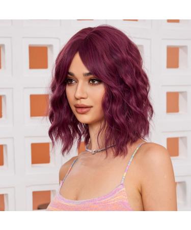 WOKESTAR Bob Curly Wig with Fringe Short Synthetic Wavy Wigs for Women Purple Color 12 inch Purple