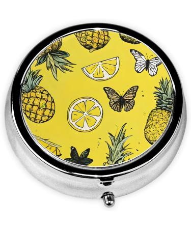 Fashion Pineapples Round Pill Box - 3 Compartment Mini Decorative Pill Organizer for Travel & Vitamins - Buy Online on GoSupps.com