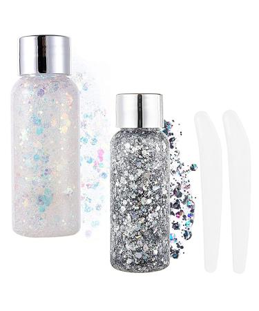 Body glitter gel glitter liquid face body glitter gel festival glitter mermaid sequins chunky glitter liquid face hair make-up long loading sparkling with 1 spoon white+silver